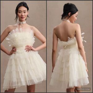 Mac Duggal 20259 MAC DUGGAL Beige Feathered Strapless Tulle Fit and Flare Dress